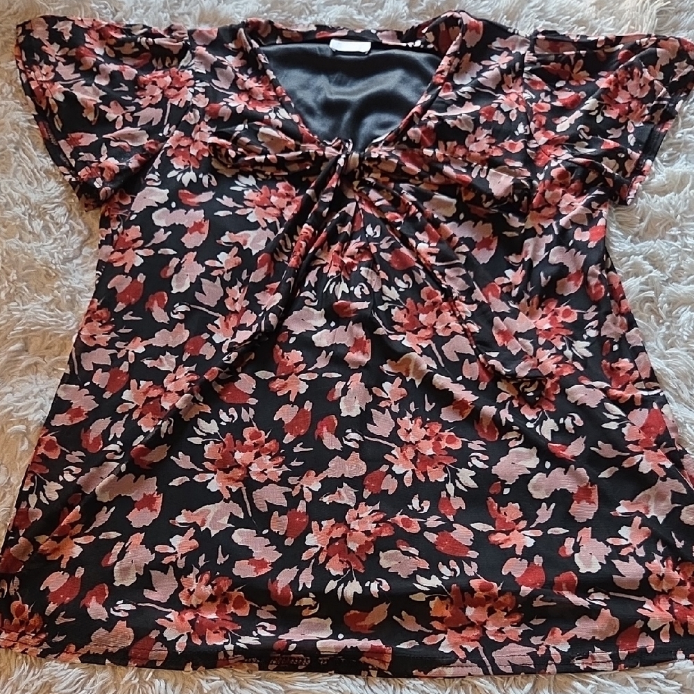 Siren Lily Floral Print Women's Blouse With Front Tie, sz M Petite
